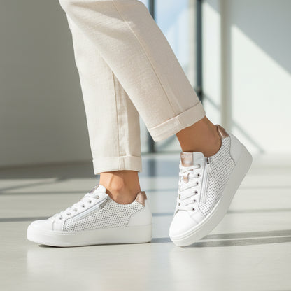 Sneakers Donna Igi&Co in Pelle traforata Bianco riporti Oro Rosa