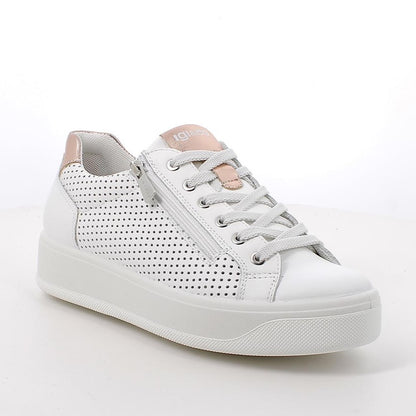 Sneakers Donna Igi&Co in Pelle traforata Bianco riporti Oro Rosa