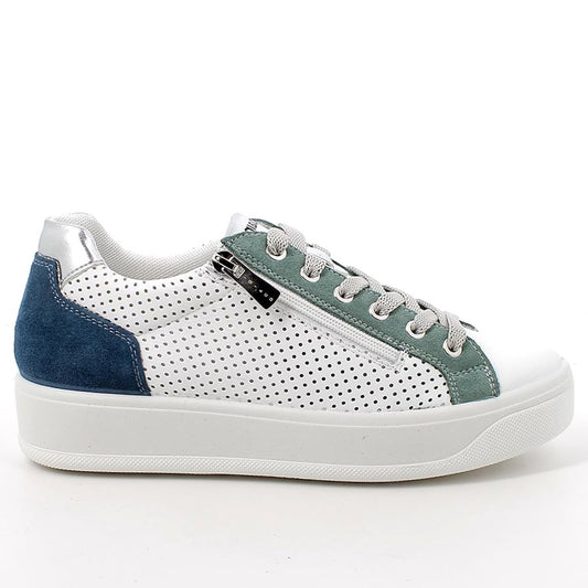 Sneaker donna igi&co in pelle bianco con riporti verde e avion e zip laterale collezione primavera estate