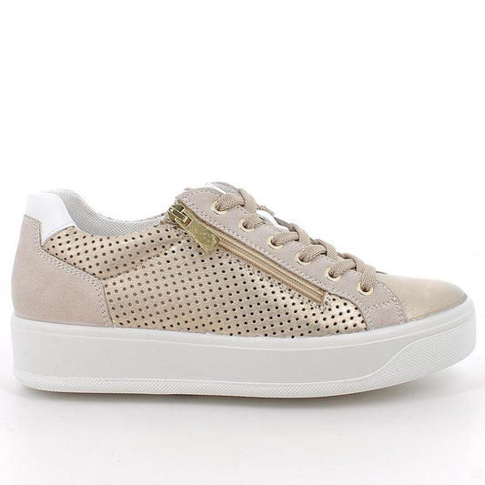 Sneakers Donna Igi&amp;Co in Pelle traforata Oro riporti Beige con cerniera - Made in Italy - Collezione Primavera Estate