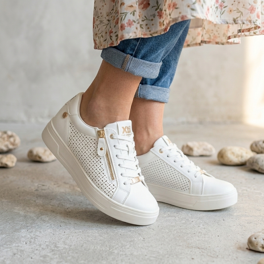 Sneakers Donna XTI Bianco con Zip e Tomaia Traforata