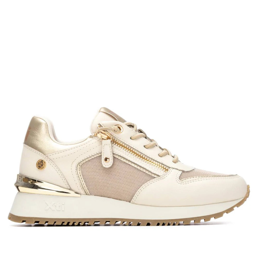 sneaker donna xti con zeppa e zip beige e riporti platino collezione primavera estate