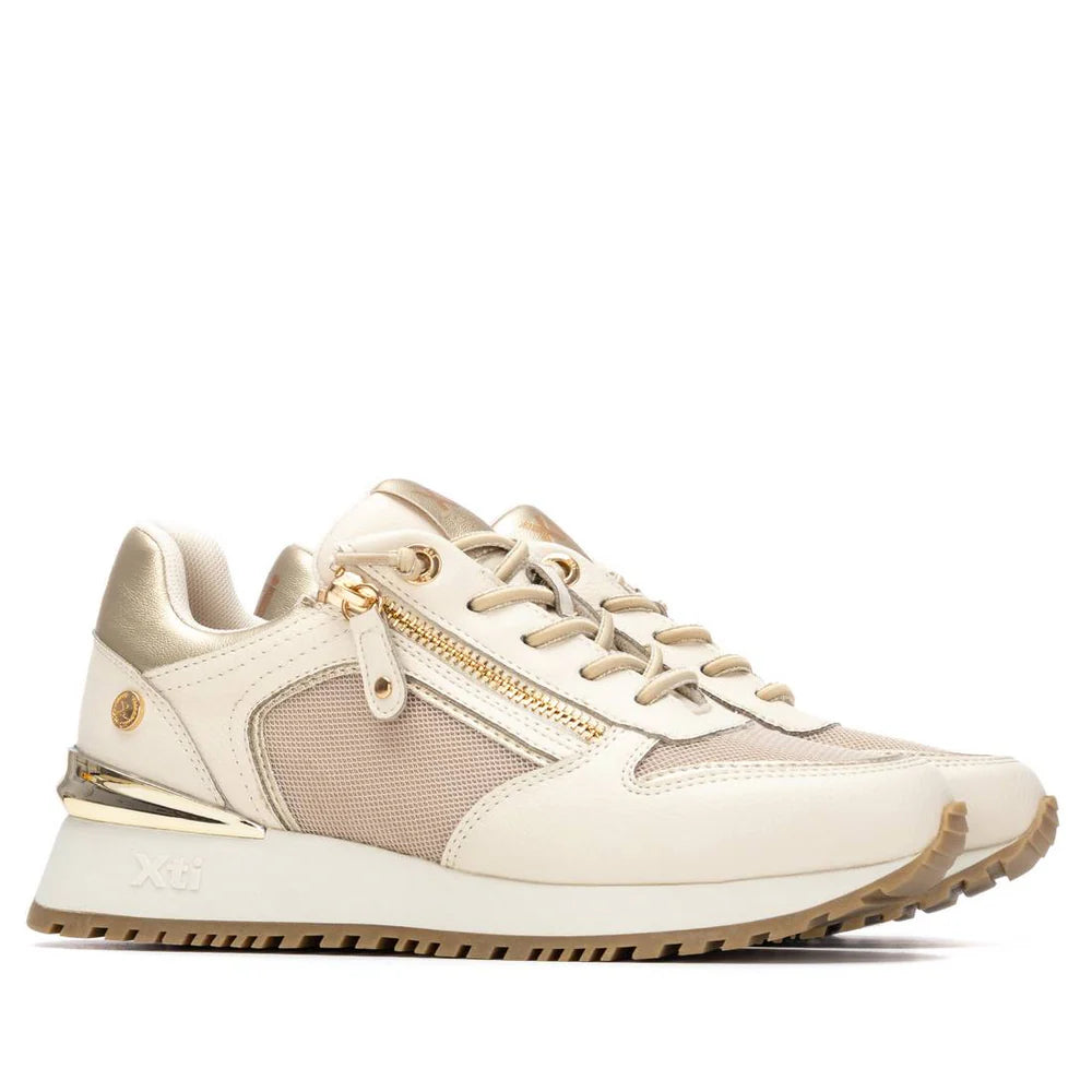 Sneakers Donna XTI Beige e Platino con Zeppa e Cerniera