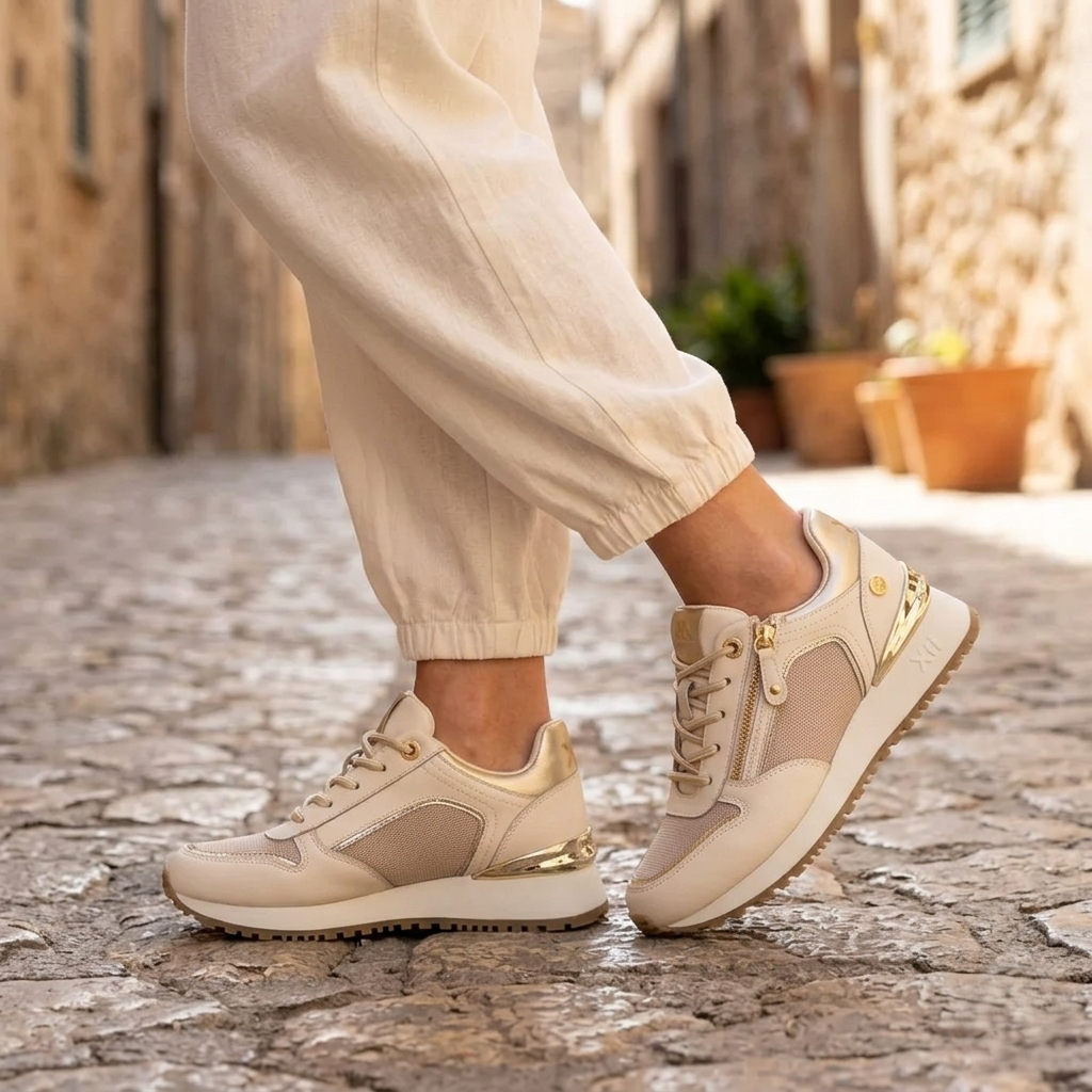 Sneakers Donna XTI Beige e Platino con Zeppa e Cerniera