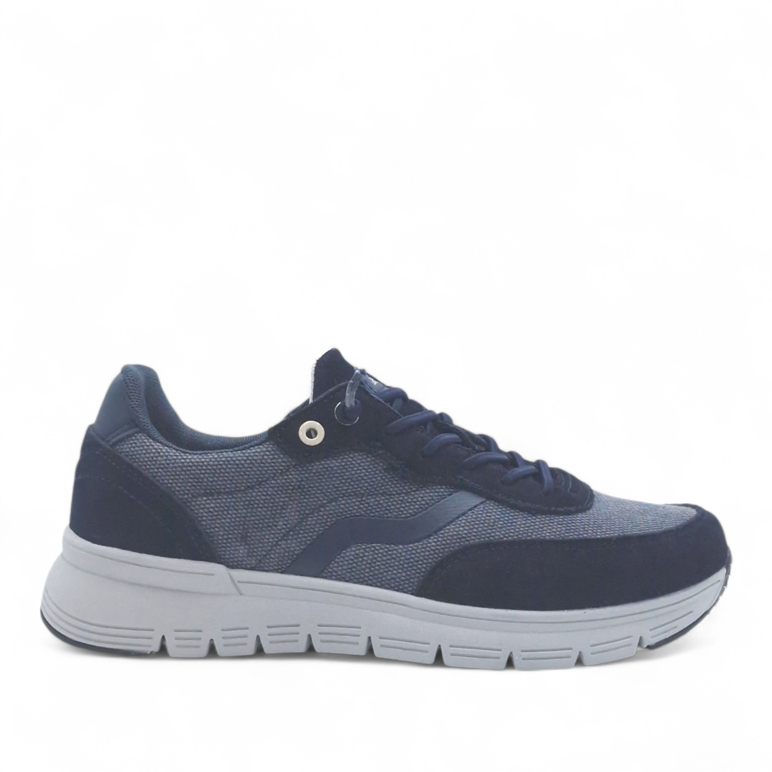 Sneaker uomo Grunland blu in tessuto tecnico traspirante, lacci elastici per calzata facile e sottopiede Re-Soft comfort, scarpa leggera
