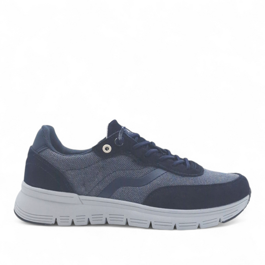 Sneaker uomo Grunland blu in tessuto tecnico traspirante, lacci elastici per calzata facile e sottopiede Re-Soft comfort, scarpa leggera