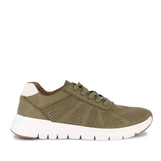 Sneaker uomo Grünland verde militare in tessuto traforato traspirante, suola bianca leggera e flessibile