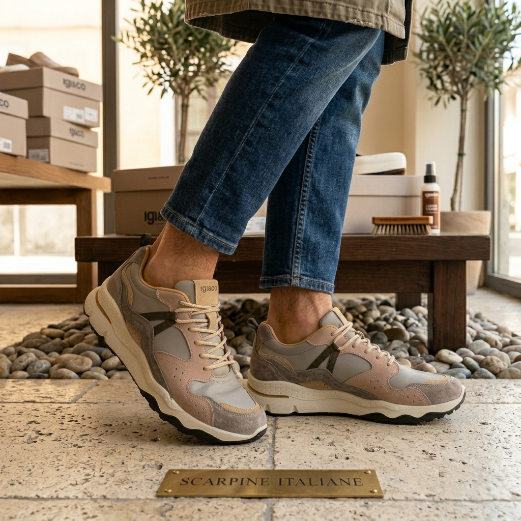 Sneakers Uomo Igi&Co in Pelle Beige e Tessuto tecnico Militare