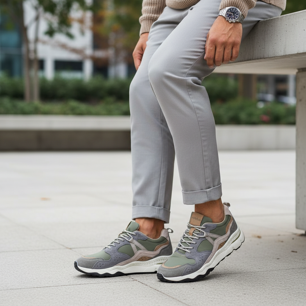 Sneakers Uomo Igi&Co in Pelle Grigio - Beige e Tessuto Verde