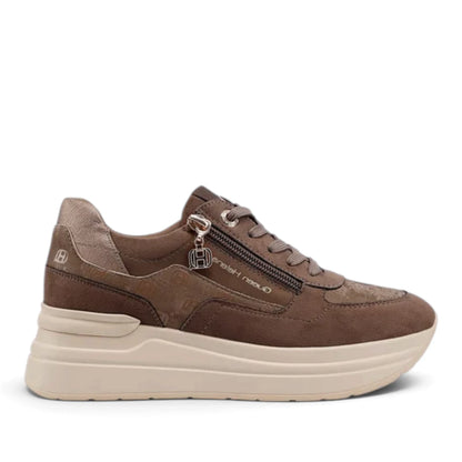 Sneakers Donna in Tessuto Scamosciato Fango e Riporti Stampati con Zip