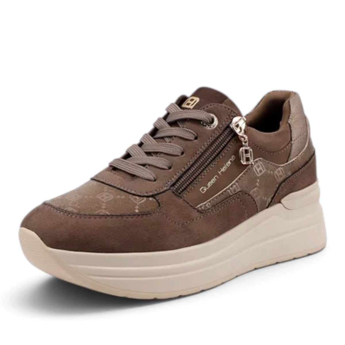 Sneakers Donna in Tessuto Scamosciato Fango e Riporti Stampati con Zip