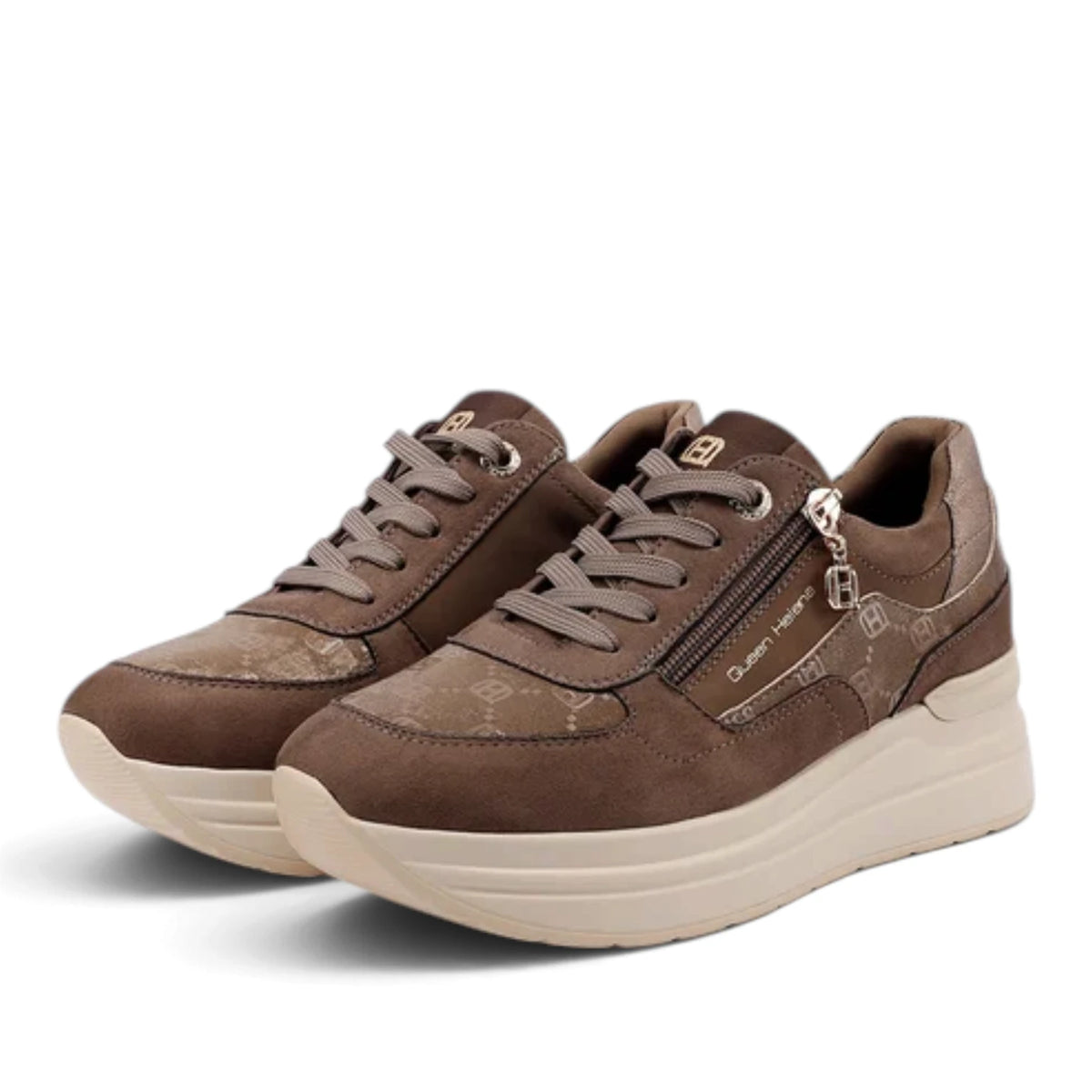 Sneakers Donna in Tessuto Scamosciato Fango e Riporti Stampati con Zip