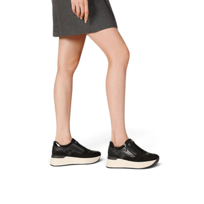Sneakers Donna in Tessuto Scamosciato Nero e Riporti Stampati con Zip