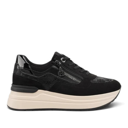 Sneakers Donna in Tessuto Scamosciato Nero e Riporti Stampati con Zip