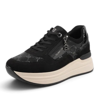 Sneakers Donna in Tessuto Scamosciato Nero e Riporti Stampati con Zip