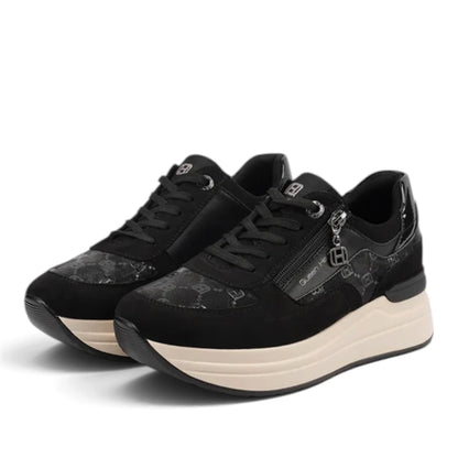 Sneakers Donna in Tessuto Scamosciato Nero e Riporti Stampati con Zip