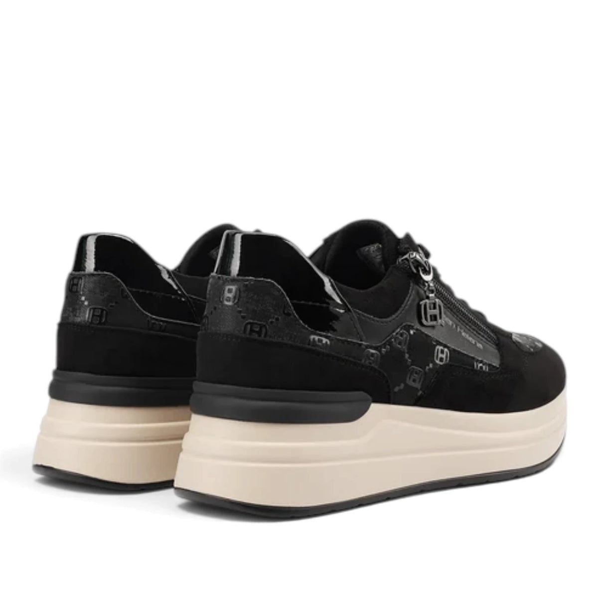 Sneakers Donna in Tessuto Scamosciato Nero e Riporti Stampati con Zip