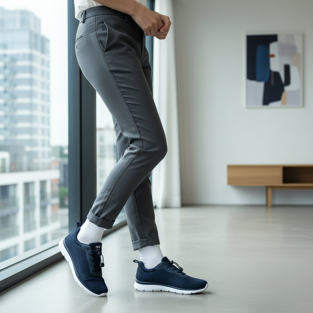 Sneaker uomo Enval Soft blu navy in tessuto mesh con lacci elastici senza allacciatura e suola grigia leggera.