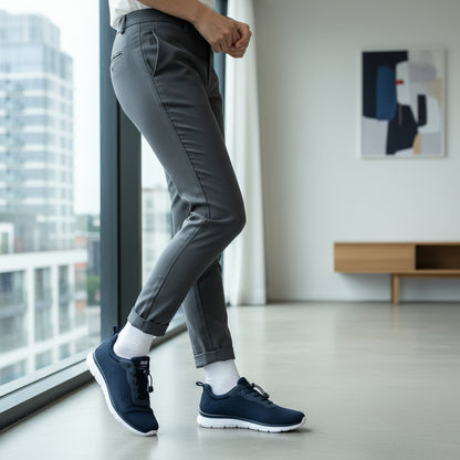 Sneaker uomo Enval Soft blu navy in tessuto mesh con lacci elastici senza allacciatura e suola grigia leggera.